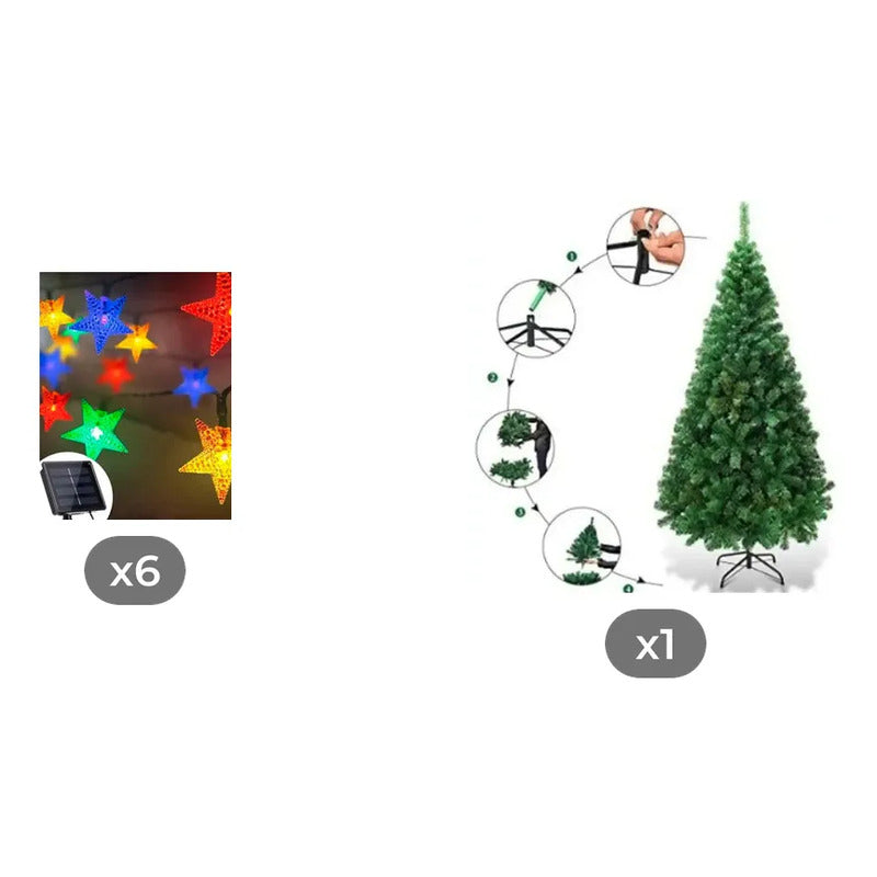 Kit Navidad: 6 Guirnaldas Led Estrellas Multicolor Solar + Árbol Pascua Verde Con Base