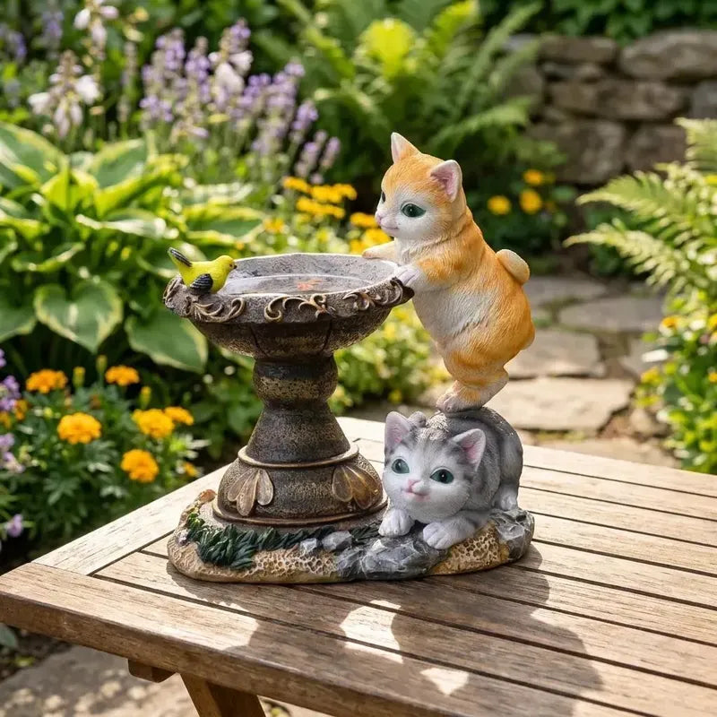 Estatua Decoracion De Gato Y Fuente Con Luz Solar