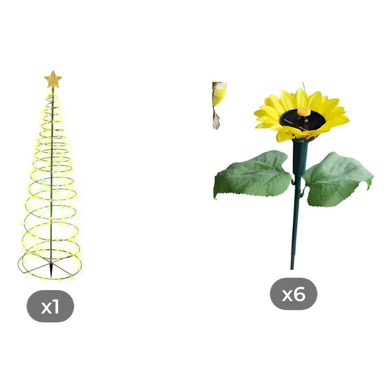 Kit Solar: Estaca Árbol Navidad Led Amarilla 85cm + 6 Estacas Giratorias Colibrí Girasol Amarillas