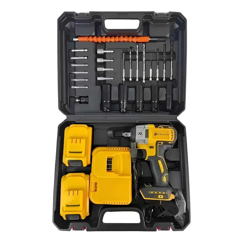 Llave Impacto Con Mandril 2 Baterias Brocas Desatornillador Amarillo 18v 50/60hz