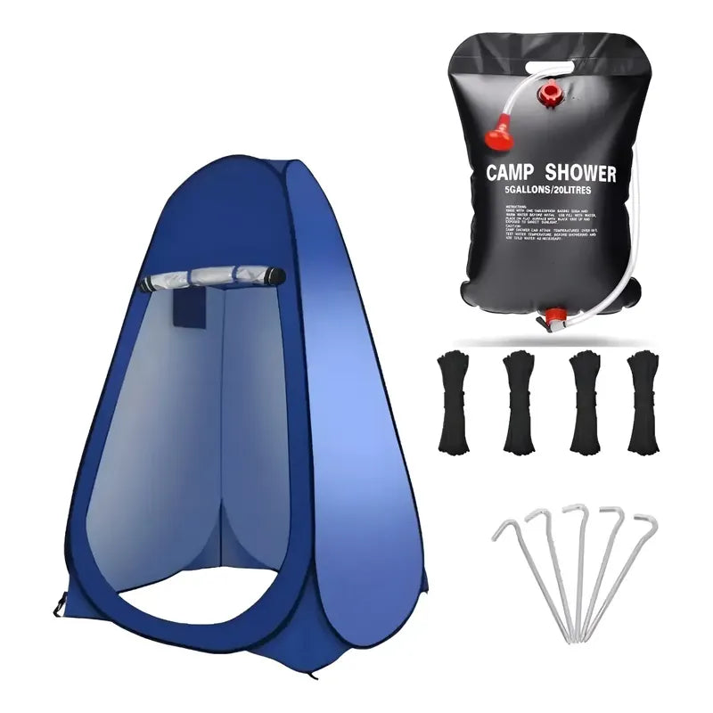 Kit Camping: Saco Dormir Portátil 950g Azul Derecho + Carpa Baño Vestidor Portátil Ducha Solar Verde