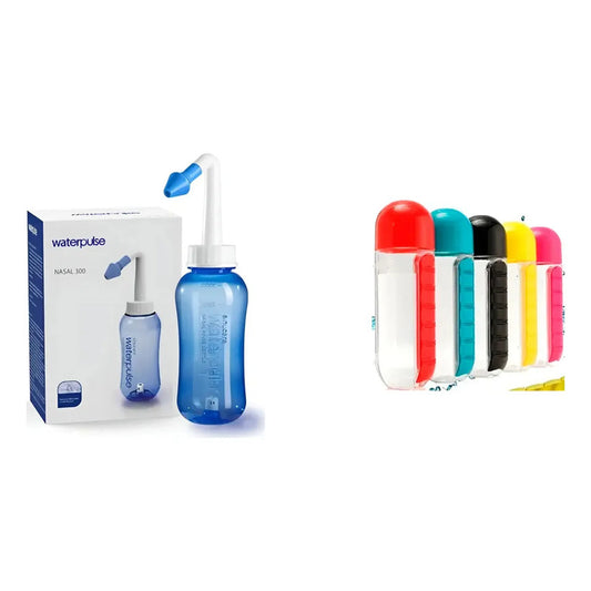Kit Salud: Limpiador Nasal Rinitis Sinusitis 300ml Azul + Botella Pastillero 600ml Semanal Portátil