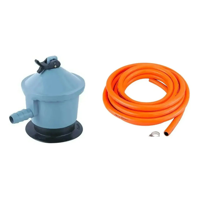Kit Gas: Regulador Glp Gris Mate + Manguera Gas 1,5 M Con Abrazaderas Naranja