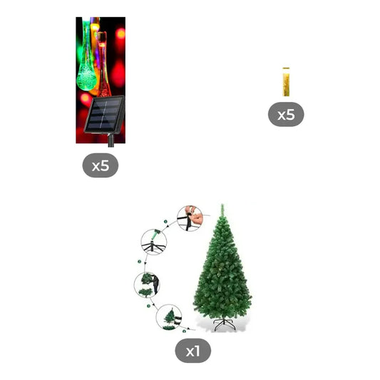 Kit Navidad Solar: 5 Guirnaldas Led Multicolor + Árbol Navidad Verde + 5 Guirnaldas Led Cálidas