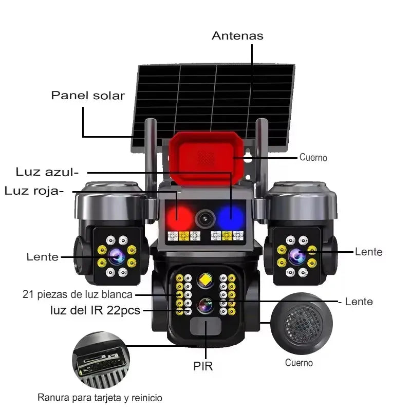 Cámara De Seguridad Ptz Triple Lente Solar 4g, Con Audio Bidireccional Y Visión Nocturna Para Exterior Blanca
