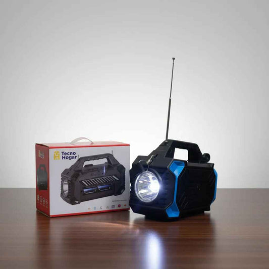 Parlante Solar Recargable Con Linterna, Radio, Usb, Mic Negro