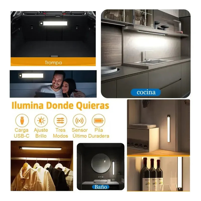 Pack X2 Lámpara Led Barra 30cm Armario Closet Sensor Movimie Negro