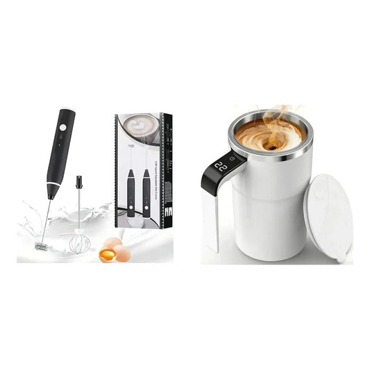 Kit Café Fácil: Batidor Espuma Eléctrico Recargable Negro + Taza Mezcladora Auto Agitable Térmica Blanco