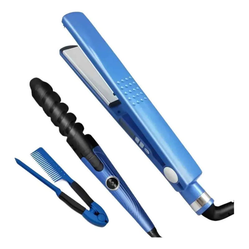 Plancha Rizadora 3 En 1 Alisadora + Onduladora + Peine 450°f Azul