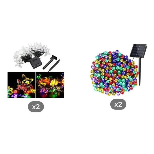 Kit Iluminación: 2 Guirnaldas Mariposa Solar Led Multicolor 5m + 2 Guirnaldas Solar 100 Led 10m