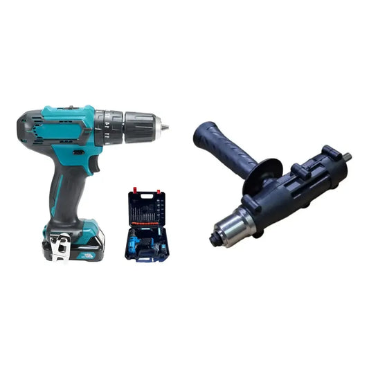 Kit Herramientas: Taladro Inalámbrico Atornillador Portátil Azul + Adaptador Remachadora Para Taladro
