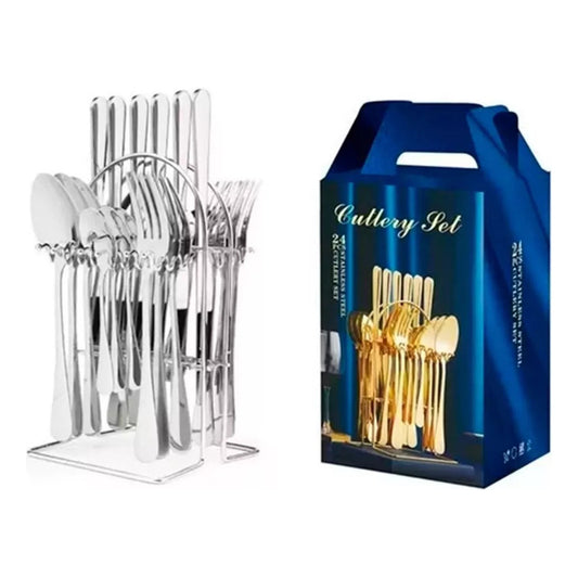 Set De Cubiertos Cucharas Cuchillos 24 Piezas Para El Hogar  Plateado