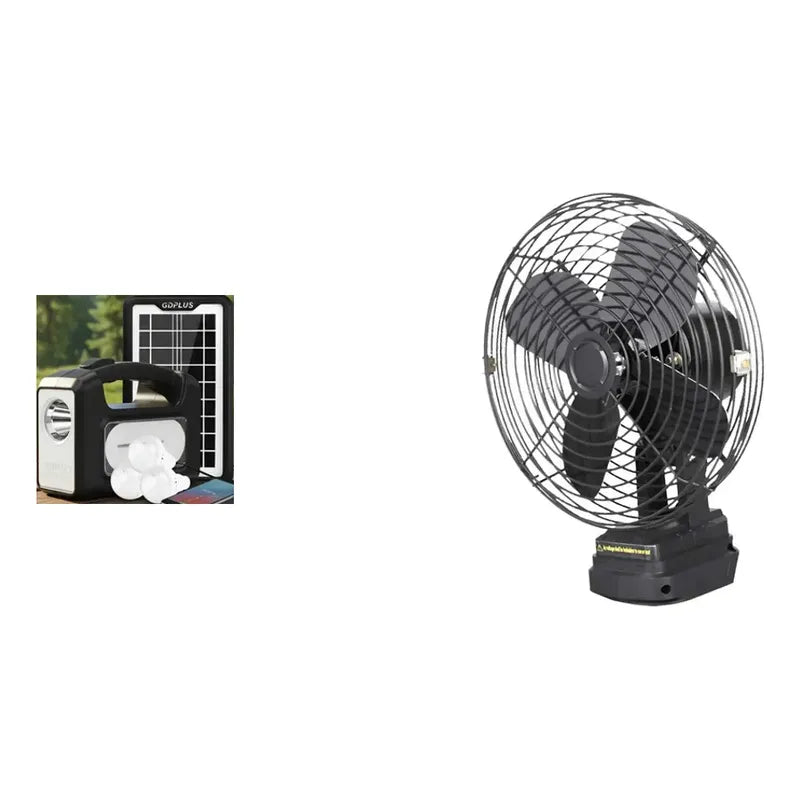 Kit Camping: Luz Emergencia Solar Cargador Usb 3 Ampolletas + Ventilador Recargable 15 Cm Negro