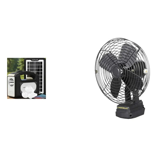 Kit Camping: Luz Emergencia Solar Cargador Usb 3 Ampolletas + Ventilador Recargable 15 Cm Negro