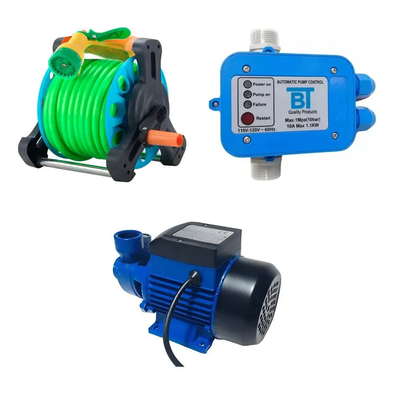 Kit Riego: Manguera Retráctil Con Pistola 15 M + Bomba Periférica 0,5 Hp 220v + Controlador Presión