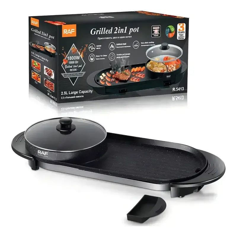 Parrillera Plancha Eléctrica Churrasquera Con Sarten 2 En 1 Negro