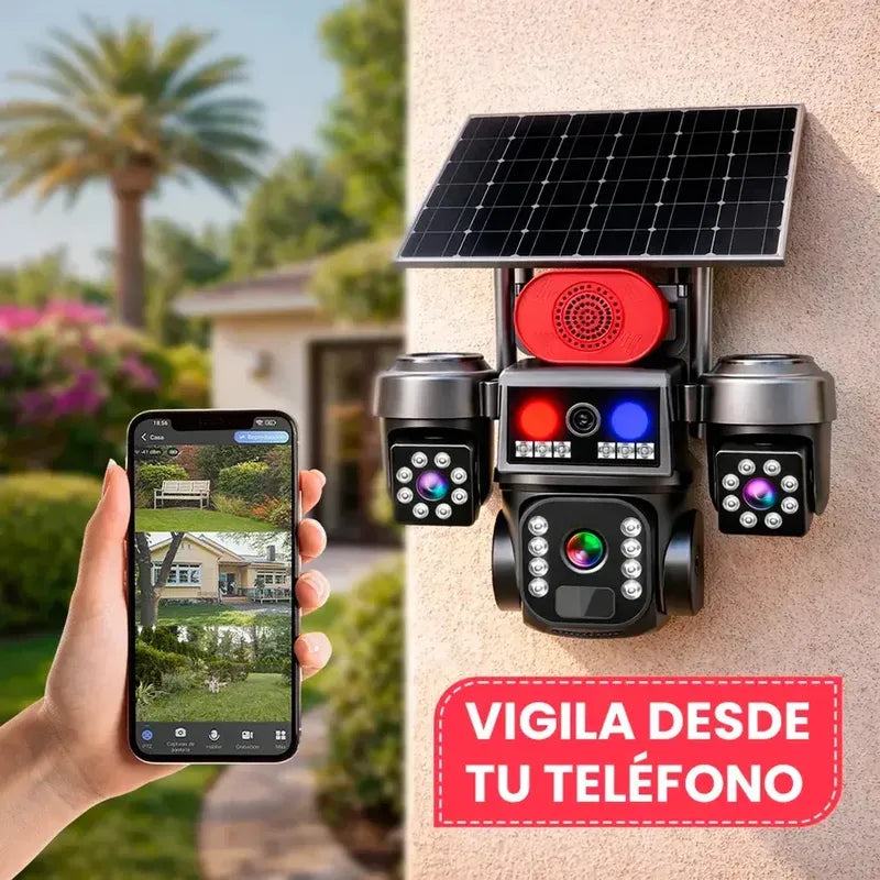Cámara De Seguridad Ptz Triple Lente Solar 4g, Con Audio Bidireccional Y Visión Nocturna Para Exterior Blanca