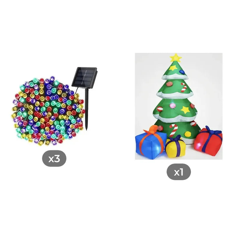 Kit Navidad: 3 Guirnaldas Solares 100 Led Multicolor 10 M + Árbol Inflable 1,80 M Verde