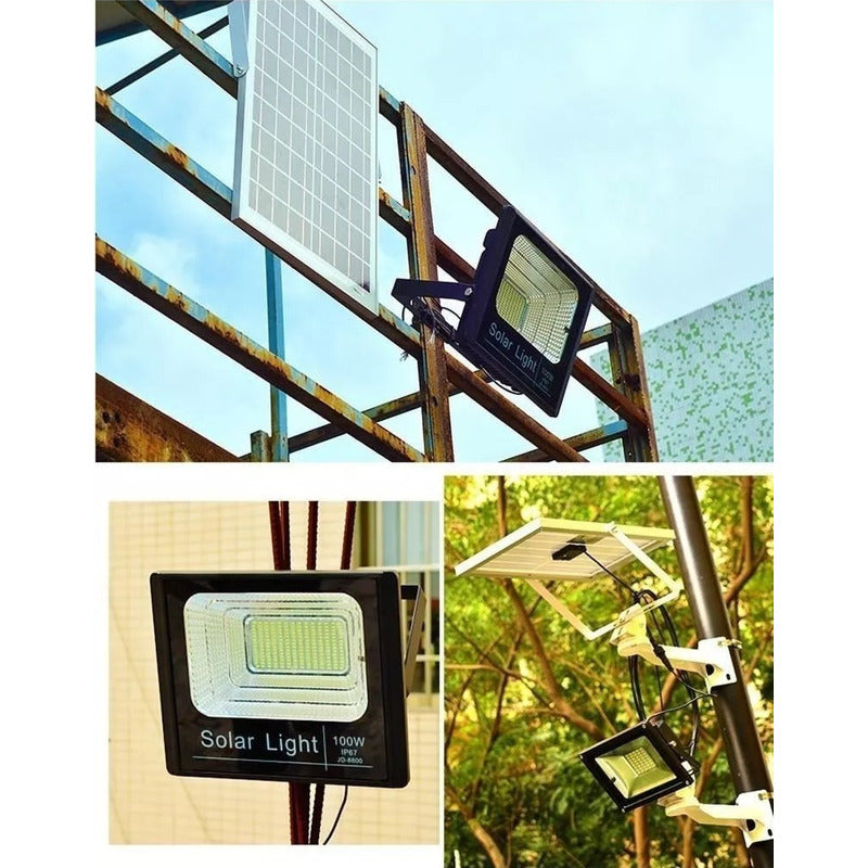 Foco Solar Led Blaco 100w Con Control Remoto Exteriores Negro Blanco Frío