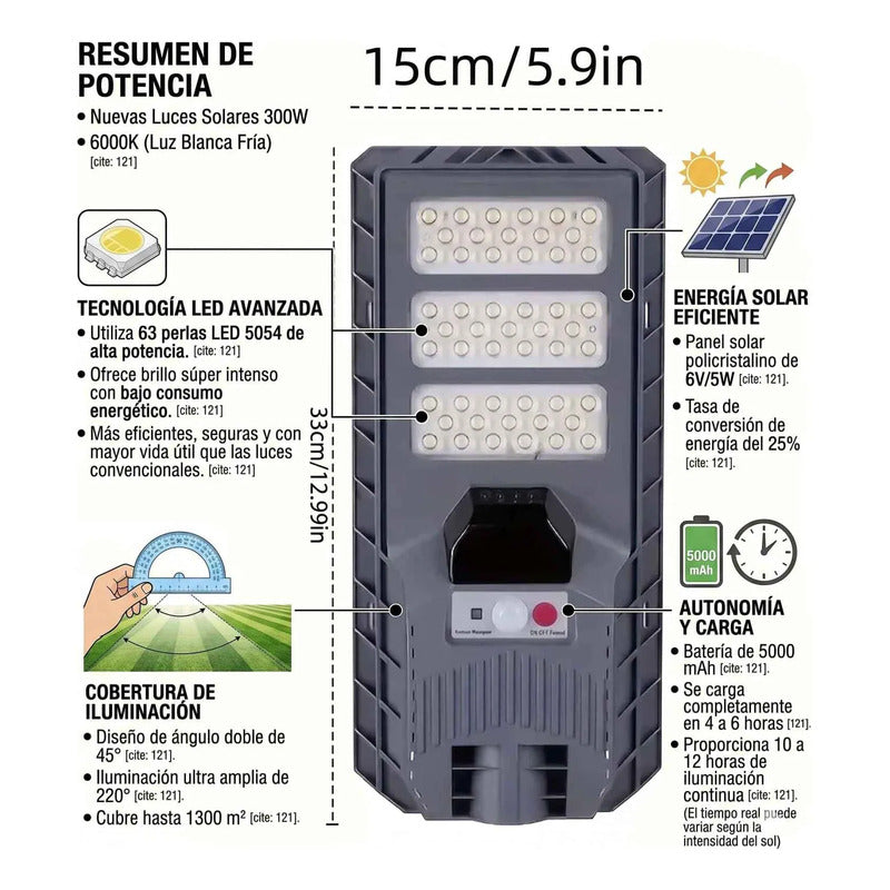 Foco Solar Recargable 300w Sensor Movimiento Y Control Gris Oscuro Blanco Frío