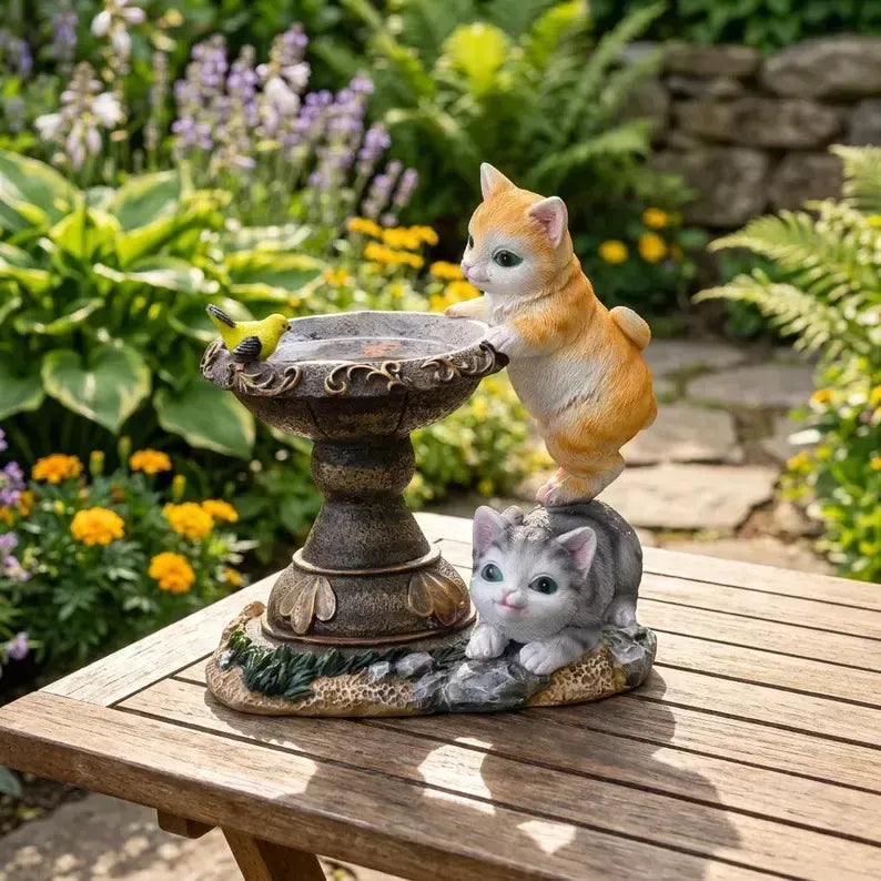 Estatua Decoracion De Gato Y Fuente Con Luz Solar