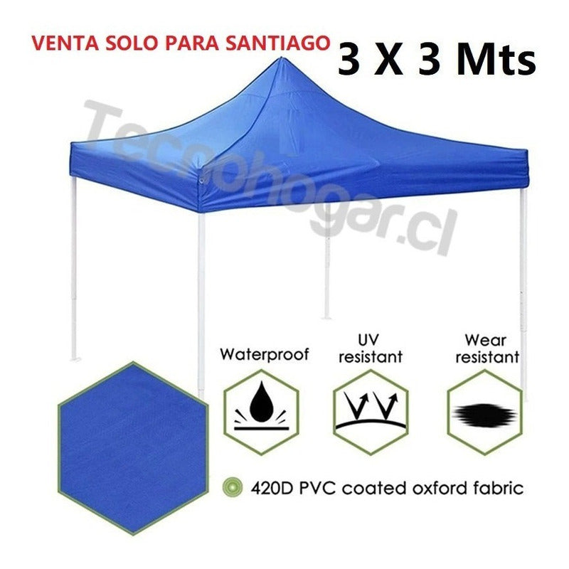 Toldo 3x3 Plegable Metálico Inoxidable Lona, Resiste Lluvia Azul