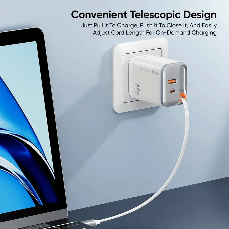 Cargador Con Cable Retractil  Carga Rapida + 2 Puertos Blanco