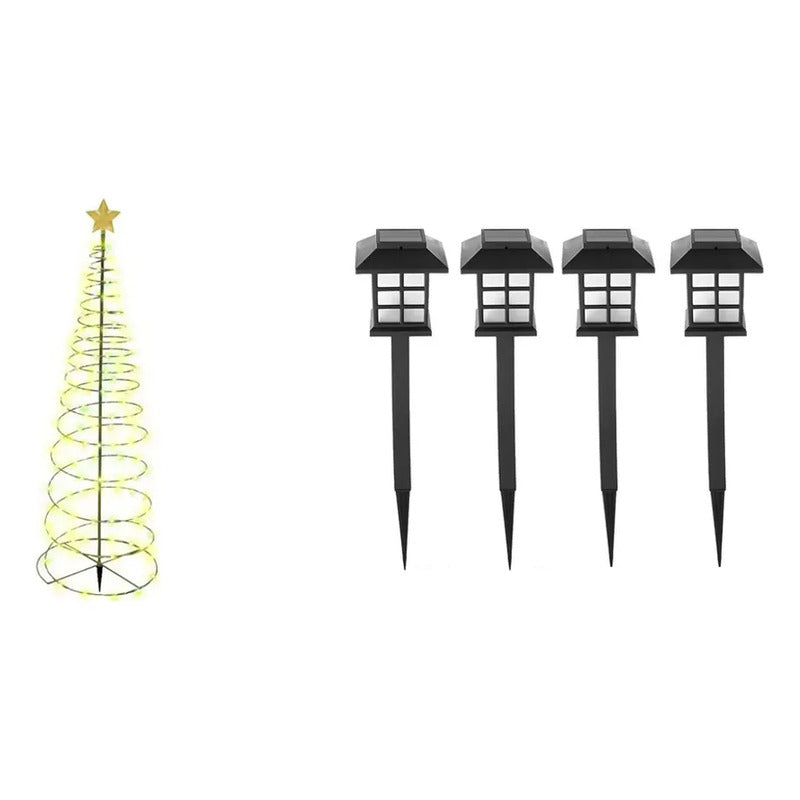 Kit Navidad Solar: Estaca Árbol Led Amarillo 85cm + Pack 4 Luces Solares Jardín