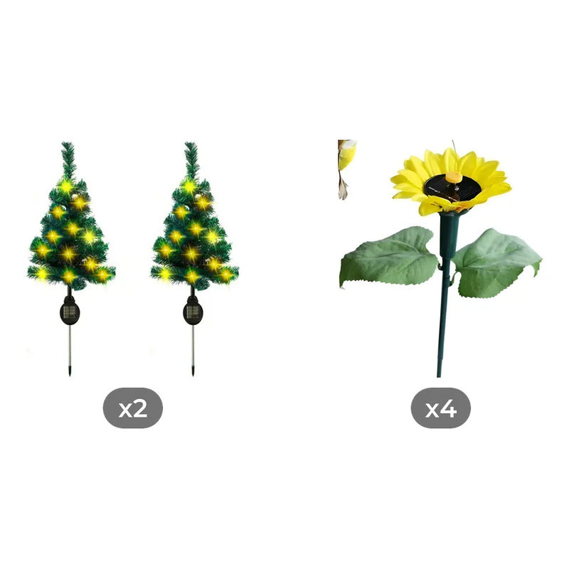 Kit Jardín Solar: 2 Estacas Árbol Navidad Luz Cálida Amarilla + 4 Estacas Colibrí Giratorias Amarillas