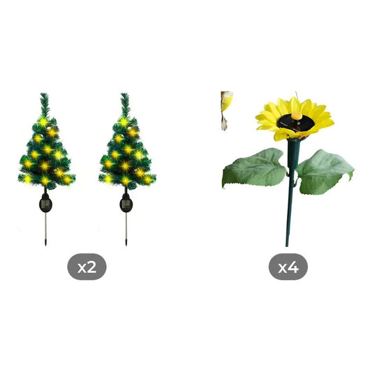 Kit Jardín Solar: 2 Estacas Árbol Navidad Luz Cálida Amarilla + 4 Estacas Colibrí Giratorias Amarillas