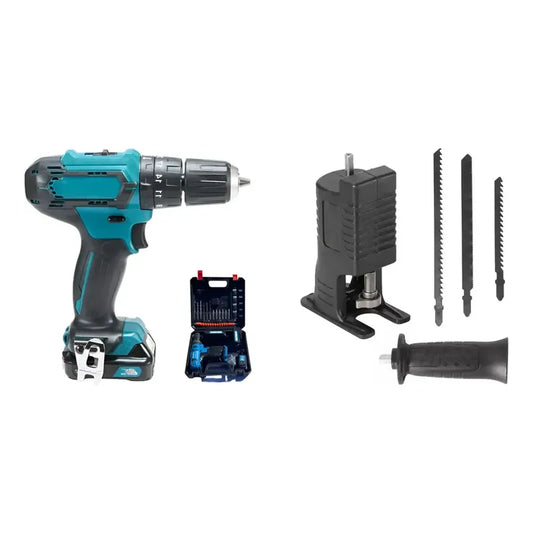 Kit Herramientas: Taladro Inalámbrico Atornillador Azul 50 Hz + Adaptador Sierra Sable