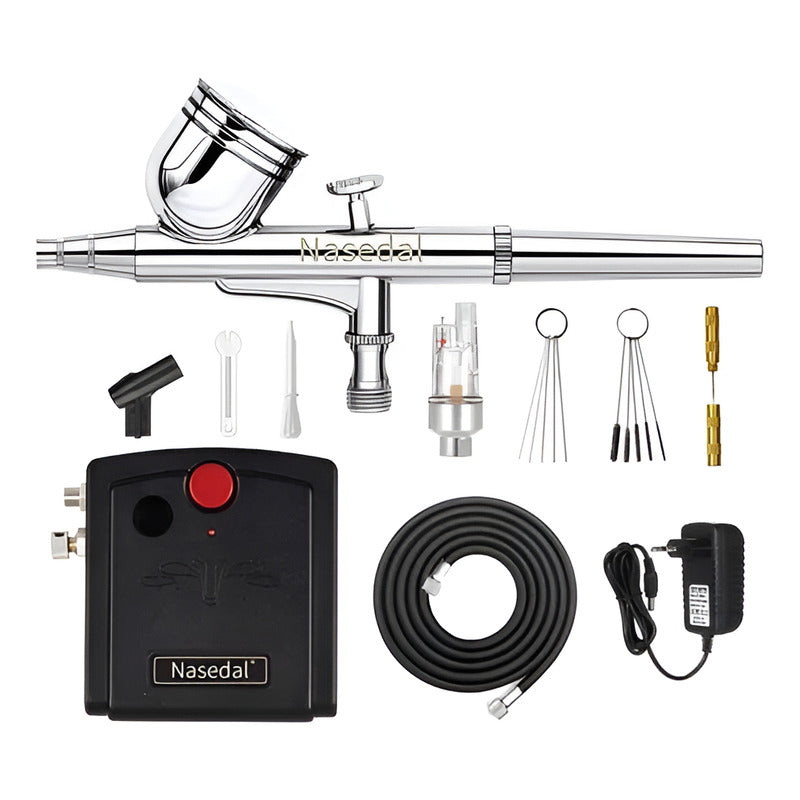 Kit Aerografo Doble Accion + Compresor + Accesorios Limpieza Negro