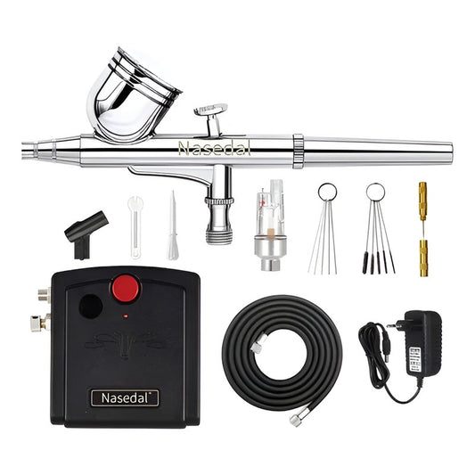 Kit Aerografo Doble Accion + Compresor + Accesorios Limpieza Negro