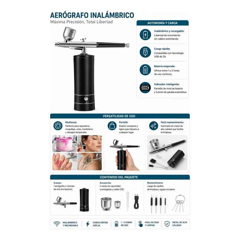 Aerógrafo Compresor Inalámbrico Recargable 30psi Profesional Negro