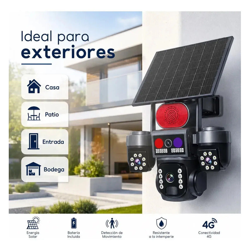 Cámara De Seguridad Ptz Triple Lente Solar 4g, Con Audio Bidireccional Y Visión Nocturna Para Exterior Blanca