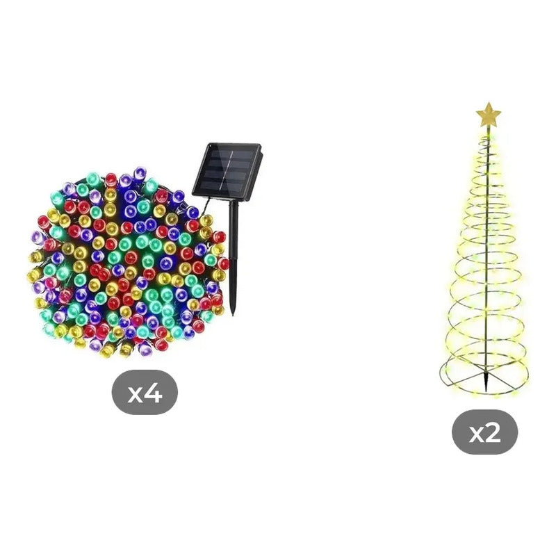 Kit Navidad Solar: 4 Guirnaldas 100 Led Multicolor 10m + 2 Estacas Árbol Led Amarillo 85cm