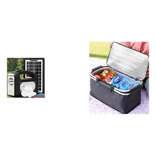 Kit Outdoor: Kit Camping Solar Luz Blanco Frío + Canasto Picnic Cesta Térmica Impermeable Gris
