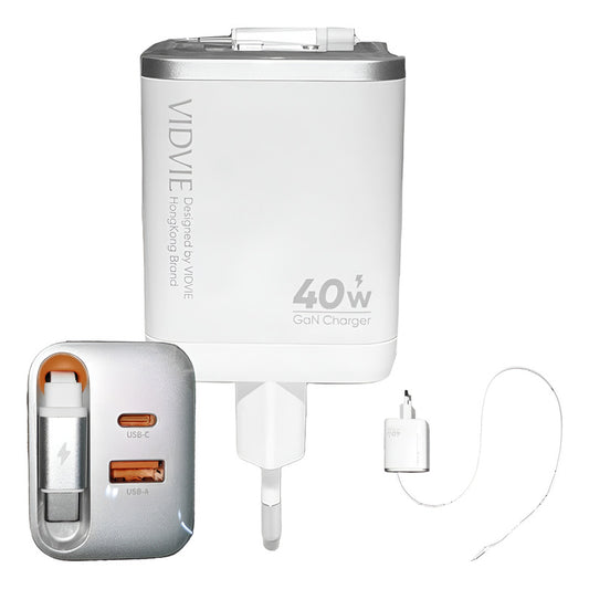 Cargador Carga Rapida Con Cable Retractil  + 2 Puertos Blanco