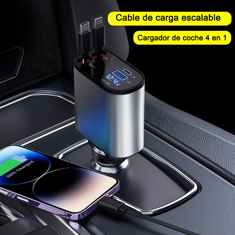 Cargador Retráctil Para Coche, Cargador Usb C 4 En 1 De 60 W
