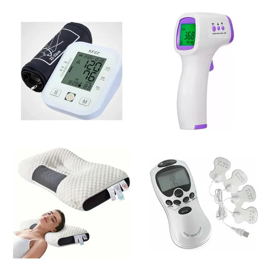 Kit Salud: 1 Tensiómetro + 1 Termómetro + 1 Almohada + 1 Electroestimulador