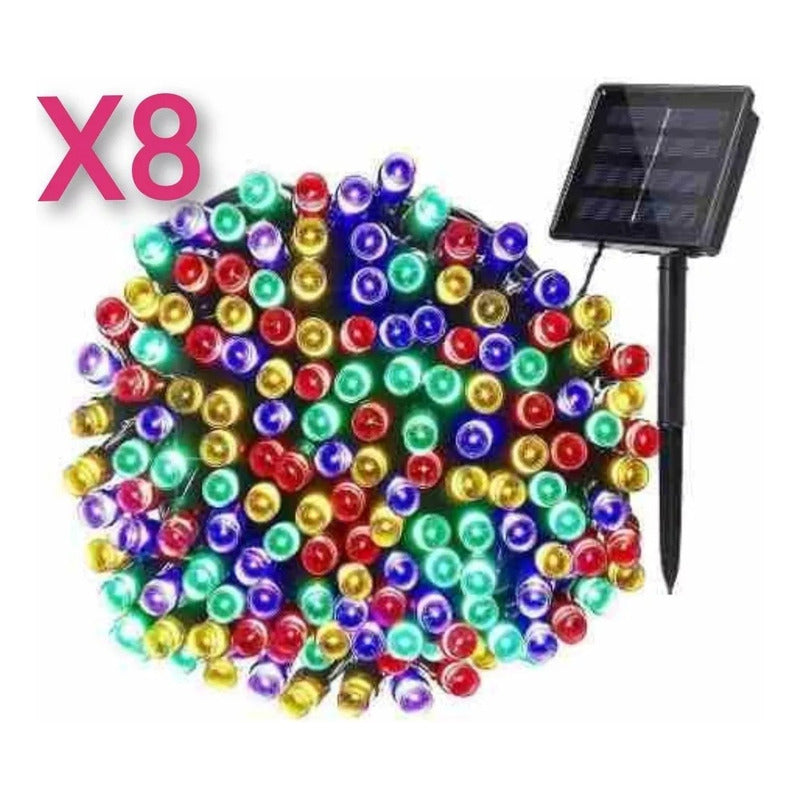 Pack X8 Luces Solares Navidad Guirnalda 10 Metros 100 Led Multicolor