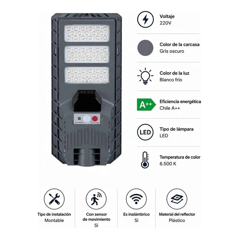 Pack X2 Foco 300w Solar Sensor Movimiento Soporte Y Control Gris Oscuro Blanco Frío