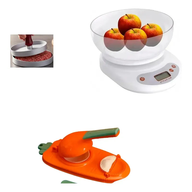 Kit Cocina: Molde Prensa Antiadherente Aluminio + Balanza Digital 7kg Blanca + Máquina Dumpling Naranja