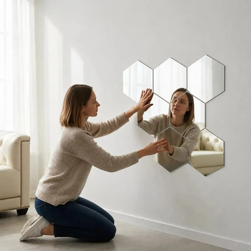 Set X6 Pegatinas Espejos Acrilicos Pared Adhesivo Hexagonal Espejo