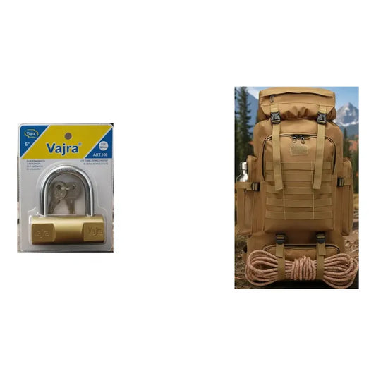 Kit Outdoor: Pack X3 Candado 30mm Amarillo + Mochila Táctica 70l Camping Beige