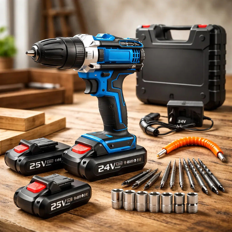 Taladro Percutor Atornillador Inalámbrico 2 Baterías Y Malet Azul 50/60hz