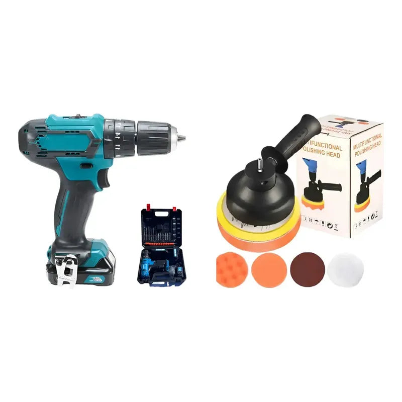 Kit Herramientas: Taladro Inalámbrico Portátil Azul 50 Hz + Set Cabezales Pulido Adaptador Taladro Amarillo