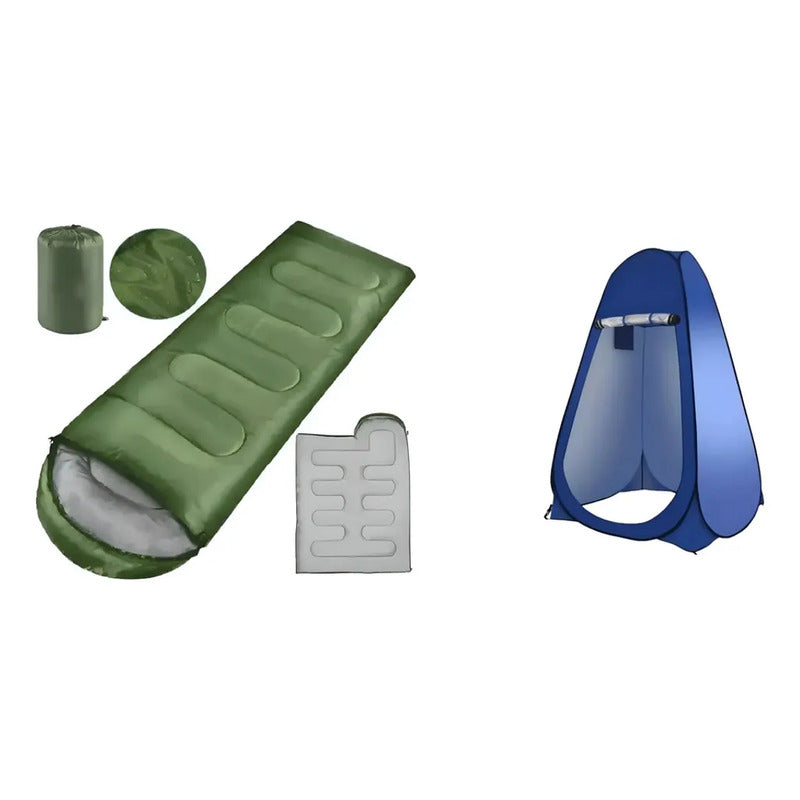 Kit Camping: Saco Dormir Portátil 950g Azul Derecho + Carpa Baño Vestidor Portátil Ducha Solar Verde