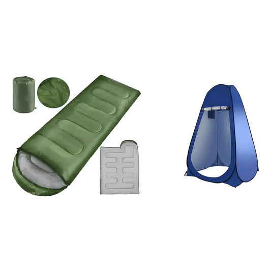 Kit Camping: Saco Dormir Portátil 950g Azul Derecho + Carpa Baño Vestidor Portátil Ducha Solar Verde