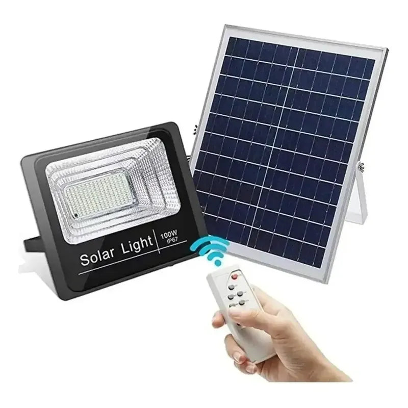 Lampara Foco Solar 100w + Panel Solar Y Control Remoto Negro Blanco Frío